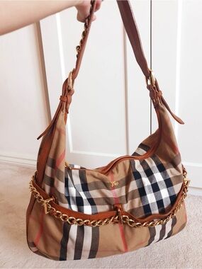 Burberry Tan Plaid Shoulder Bag with Gold Chain Accent hobo Haymarket